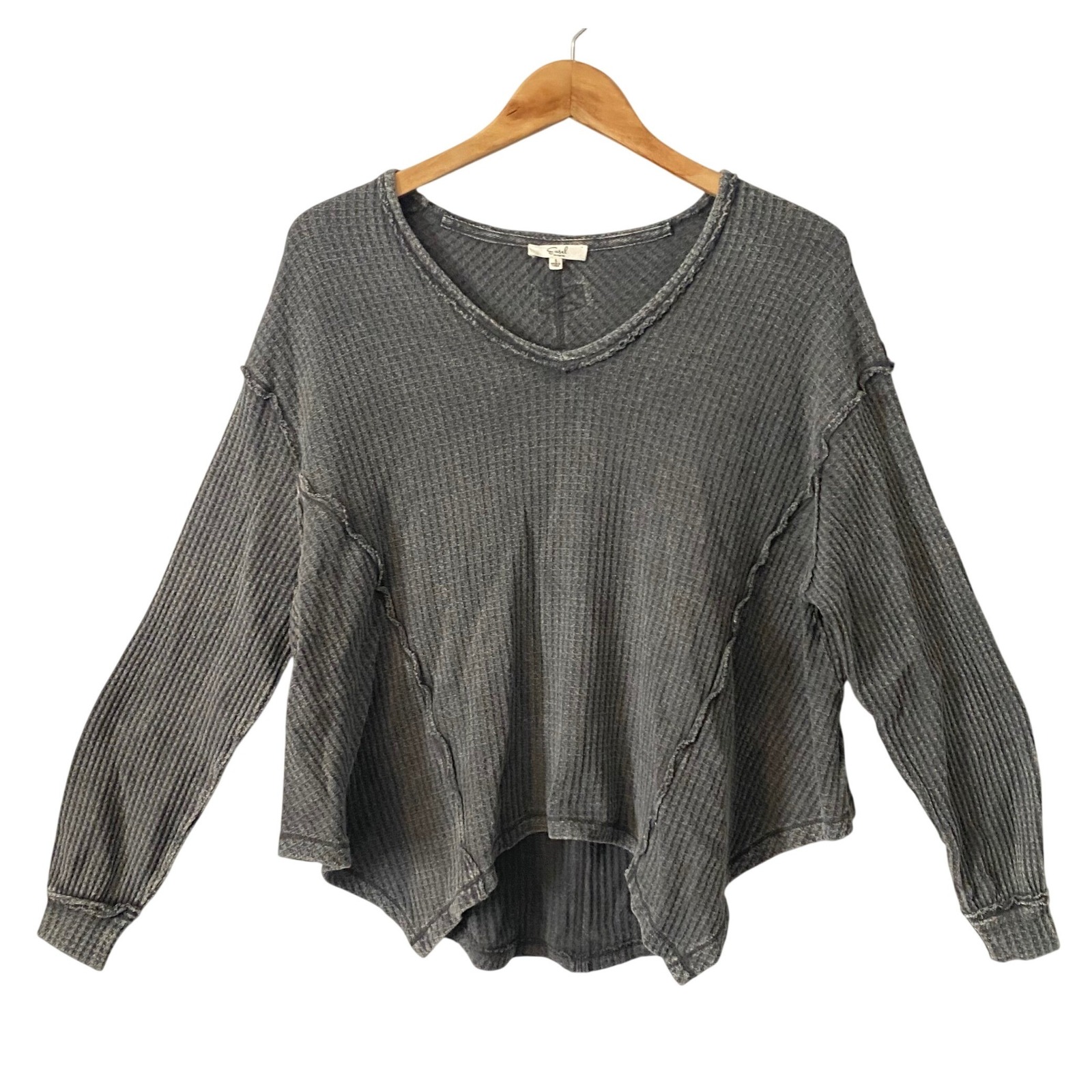 Easel Women Sz Sm Distressed Charcoal Grey Waffle Knit High-Low Thermal Top